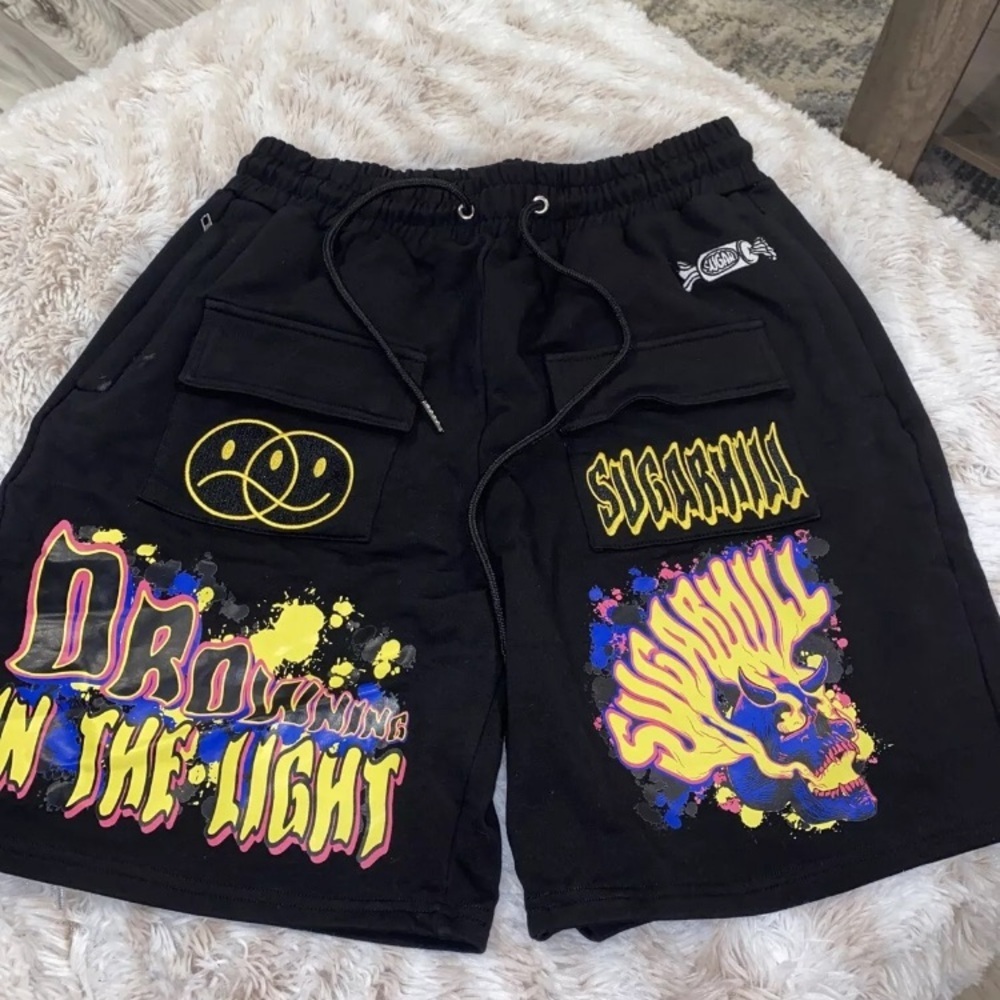 Sugarhill Black and Yellow Flat Front Shorts with Vibrant Graphics